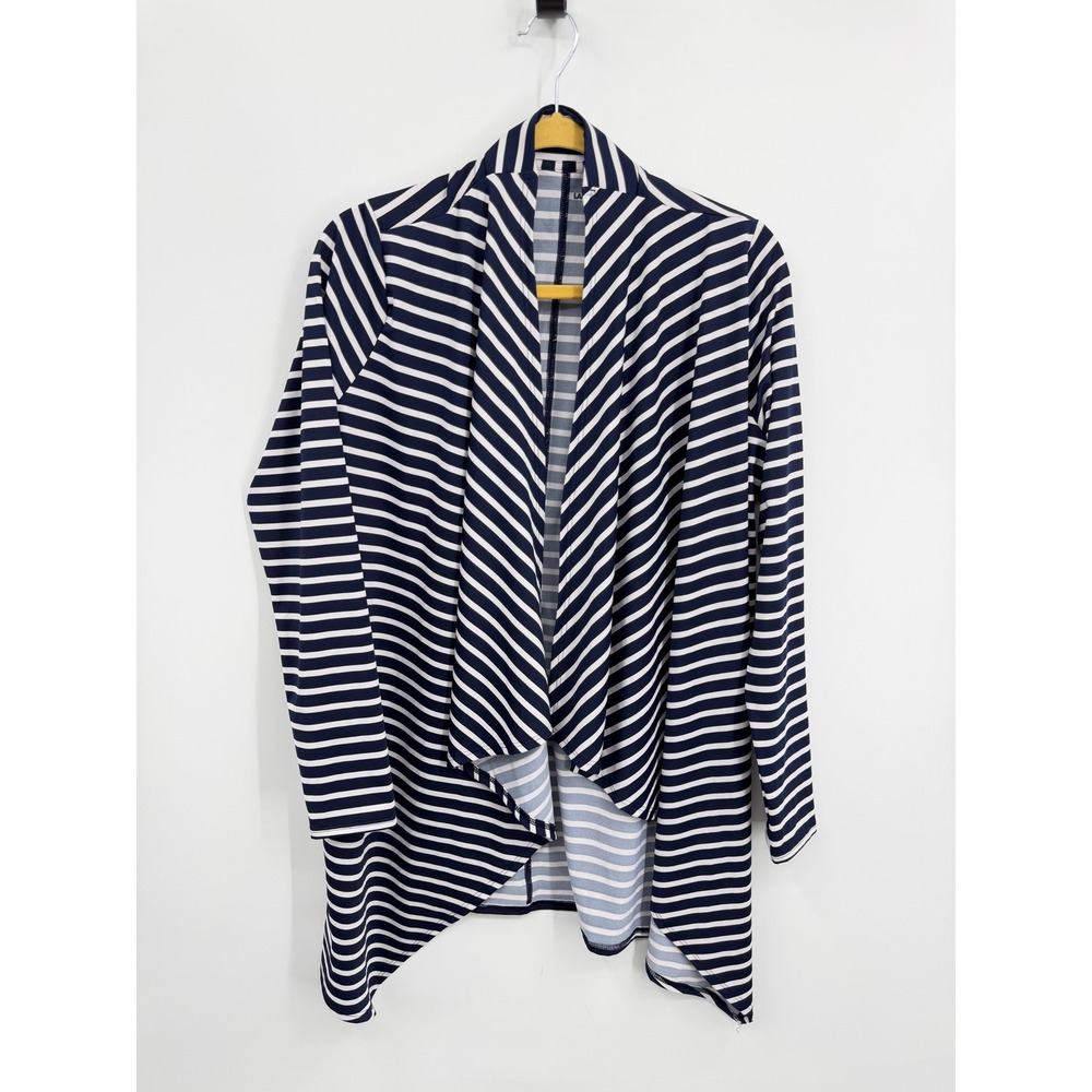 Lands' End Waterfall Cardigan sz M Navy White Striped Draped Open Front nautical